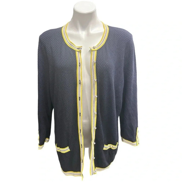 Talbots Navy & Yellow Textured Tipped Cardigan Sweater with Faux Pearl Buttons - Picture 2 of 8